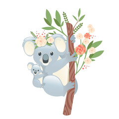 Cute koala family mother with children sit on the tree cartoon animal design flat vector illustration isolated on white background