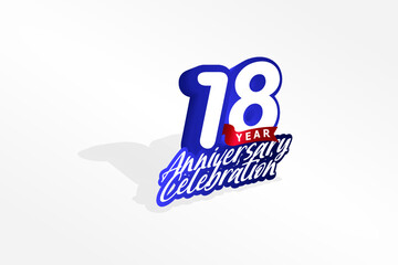 18 year anniversary, Italic Style with ribbon celebration logotype. Simple Blue color design isolated on Grey background - vector 