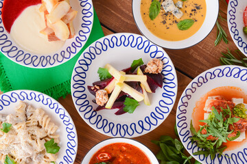 Table served for thanksgiving dinner. Autumn food on white background. Flat lay, top view, copy space