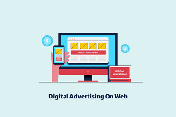 Digital advertising on web, native advertising, cross device marketing, responsive ad on desktop and smartphone screen. Web banner template, internet and technology.