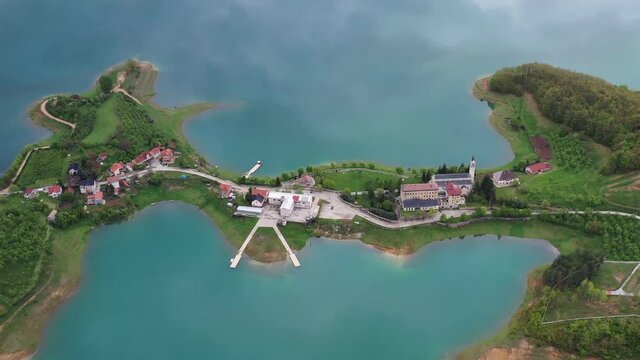 An aerial shot of the Saint Franciscan monastery in Rama Lake.