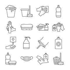 Cleaning service line style icon set vector design