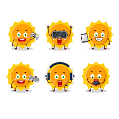 Sun cartoon character are playing games with various cute emoticons