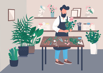Inside flower shop flat color vector illustration