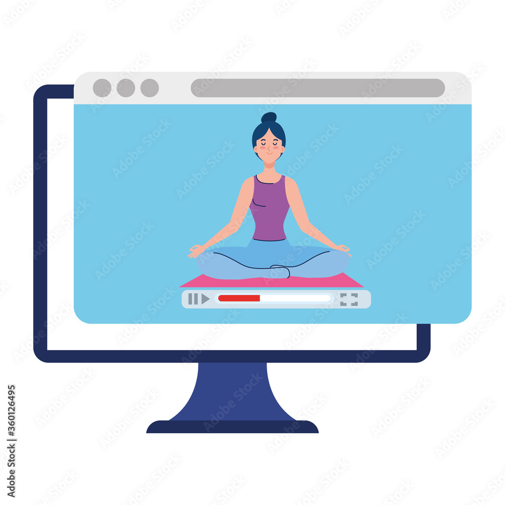 Wall mural online, yoga concept, woman practices yoga and meditation, watching a broadcast on a computer