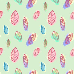 Seamless Botanical leaf pattern on a light green background. Digital illustration of leaves