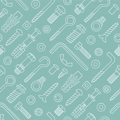 Seamless pattern of fasteners. Bolts, screws, nuts, dowels and rivets in doodle style. Hand drawn building material. Vector illustration