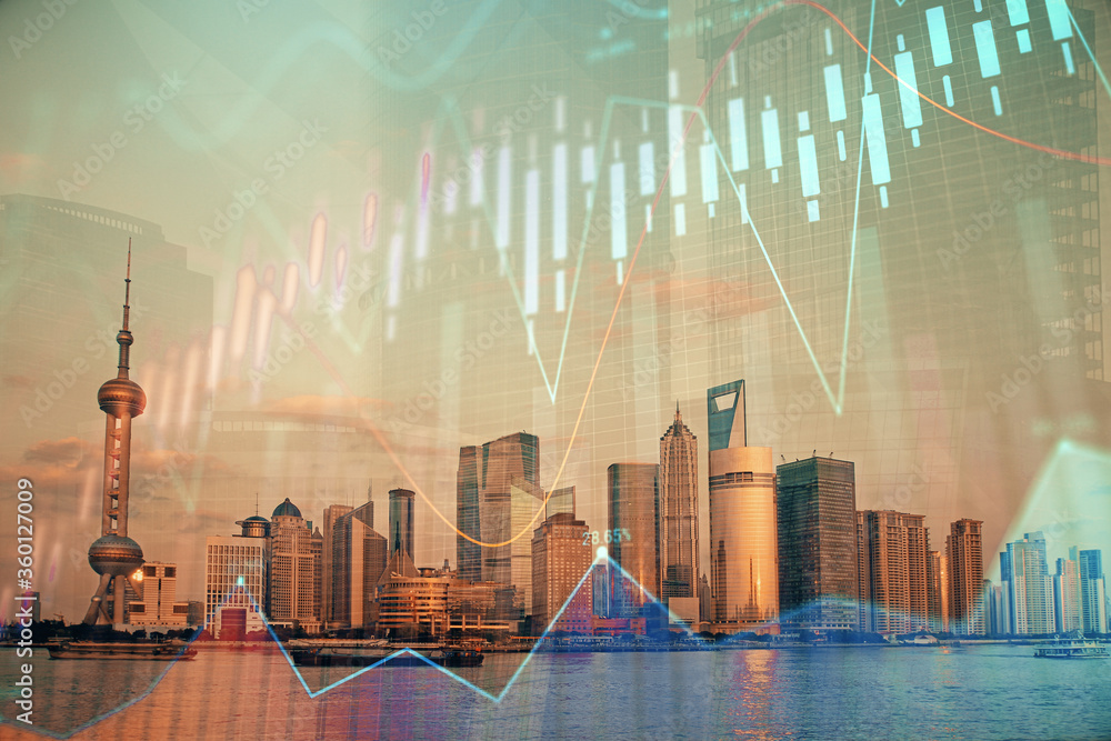 Poster forex graph on city view with skyscrapers background double exposure. financial analysis concept.