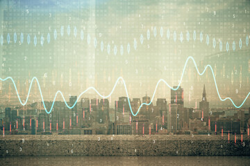 Forex graph on city view with skyscrapers background multi exposure. Financial analysis concept.