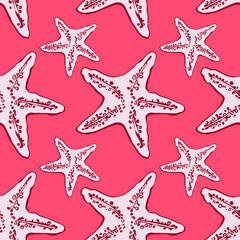 Seamless pattern with starfish on a red background.