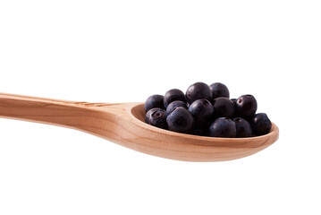 Blueberry in wooden spoon isolated on a white background 