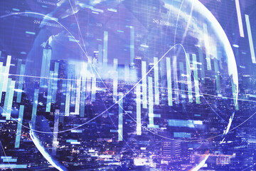 Double exposure of business theme hologram drawing and city veiw background. Concept of success.