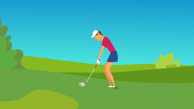 Young female golf player hitting the ball, Golf ball going into the hole on the golf course. Women, sports, golf tournament in country club during summer holiday, winning stroke animation.