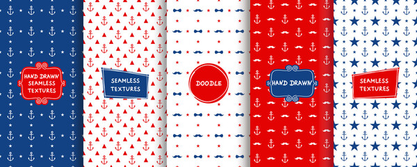  Set of seamless hand drawn patterns with stars and anchors for background, business cards, web design. Abstract patterns with trendy modern labels on blue, red or white background. Vector 