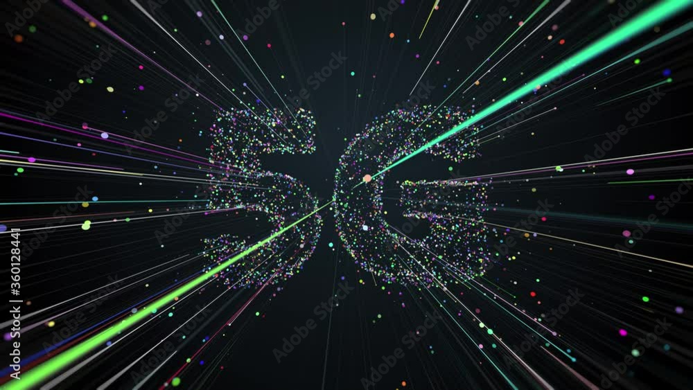 Poster 3d render of 5g title made of particles and trails that spread from the center of the screen. fast t
