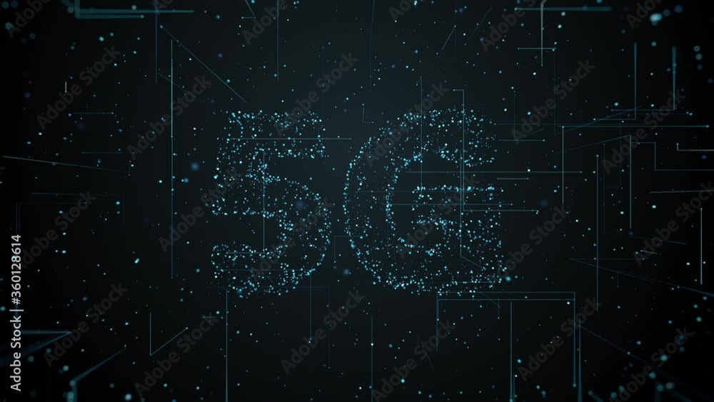 Poster 3d render of 5g title made of particles and trails that spread from the center of the screen. fast t