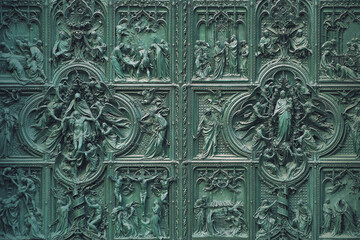 Main bronze door of the Milan Cathedral (Duomo di Milano) designed by Italian sculptor Ludovico Pogliaghi in Milan, Italy