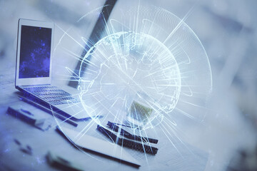 Double exposure of business theme icons and work space with computer background. Concept of success.