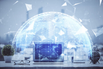 Double exposure of business theme icons and work space with computer background. Concept of success.