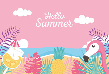 flamingo pineapple cocktail beach sea exotic tropical leaves, hello summer lettering