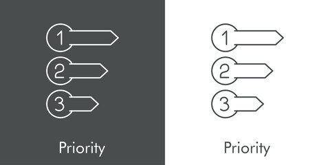 Icono plano lineal con palabra priority con círculos con flechas con números ordenados en fondo gris y fondo blanco © teracreonte