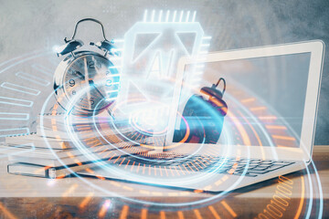 Double exposure of desktop with computer on background and tech theme drawing. Concept of big data.