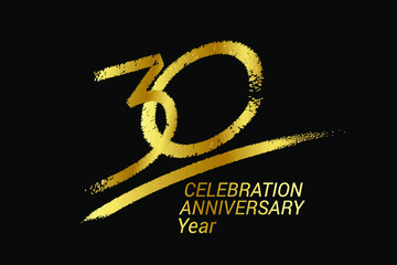 30 year anniversary chalk, golden ink Style , minimalist logo. years, jubilee, greeting card. Birthday invitation sign. Black space vector illustration on black background - Vector