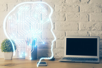 Double exposure of desktop computer and human brain drawing hologram. Ai concept.