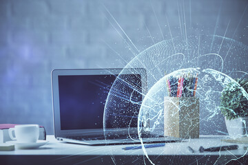 Computer on desktop with social network hologram. Double exposure. Concept of international people connections.