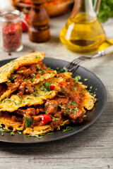 Hungarian potato pancake with goulash