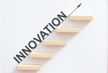 wooden stair made by wooden cube block with text innovation