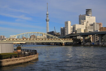 Fototapeta na wymiar 鉄橋を渡る総武線の電車と隅田川の風景