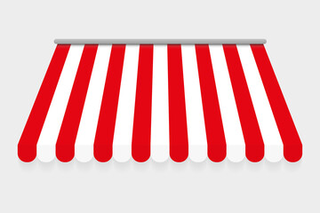 Red and white canopy for market or shop. Red and white canopy for cafe. Isolated on gray background. Awning with a striped cloth for a circus or shop. Vector