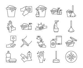 Cleaning service line style icon set vector design