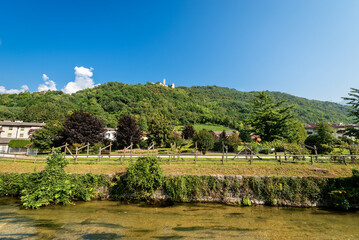 Borgo Valsugana, small village in Sugana valley, with the river Brenta and the Castel Telvana, Medieval castle XIII century. Trentino Alto Adige, Italy, Europe