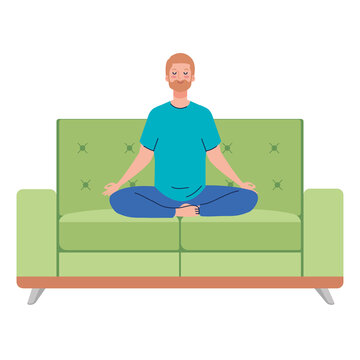 man meditating sitting in couch, concept for yoga, meditation, relax, healthy lifestyle