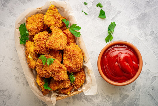 Homemade Chicken Nuggets In A Basket Top View