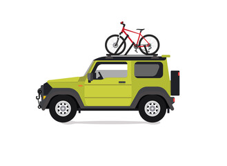 Green off road vehicle with bicycle with bicycle roof rack