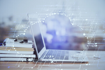 Double exposure of computer and technology theme hud. Concept of innovation.