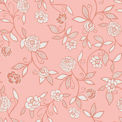 Fototapeta na wymiar Peach colored roses seamless floral pattern vector background for fabric, wallpaper, scrapbooking projects or backgrounds.
