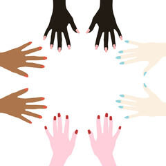 Women's hands with painted nails. Racial diversity. One-color manicure. Vector illustration isolated on a white background for design and web.