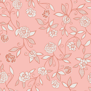 Peach colored roses seamless floral pattern vector background for fabric, wallpaper, scrapbooking projects or backgrounds.
