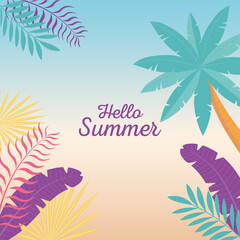 Fototapeta na wymiar hello summer, tropical tree palm leaves foliage gradient background