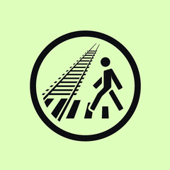 Railway crossing on crosswalk safe here sign. Perspective rails and sleepers. Man walking on zebra. Pedestrian rails crosing pictogram for navigations signs. Monochrome filled vector eps illustration.