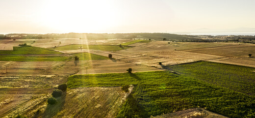 Aerial photo of agricultural fields with beautiful sunset with sun rays