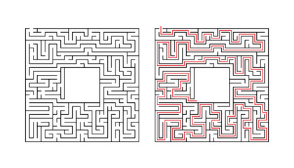 Vector square maze isolated on white background. Education logic game labyrinth for kids. With the solution.