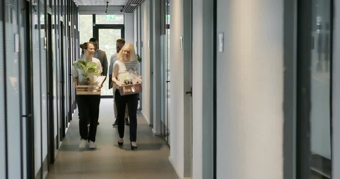 Smiling businesswomen
moving office together