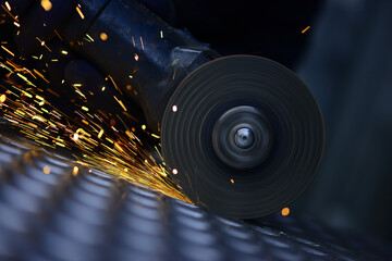 Fototapeta na wymiar Worker cutting metal with grinder ...