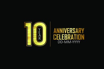 10 year anniversary celebration Yellow Golden Color Sporty Design logotype. anniversary logo isolated on Black background, for celebration, invitation card, and greeting card - Vector