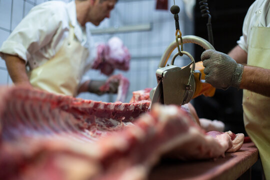 rohes schweinefleisch liegt auf dem arbeitsplatz des metzgers w&auml;hrend es von mehreren Metzgern mithilfe einer Kettens&auml;ge &auml;hnliches Werkzeug bearbeitet wird